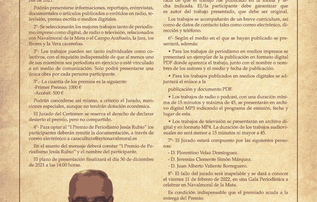 La Casa de la Cultura acogerá la gala de entrega de premios del I certamen periodístico Jesús Rubio.